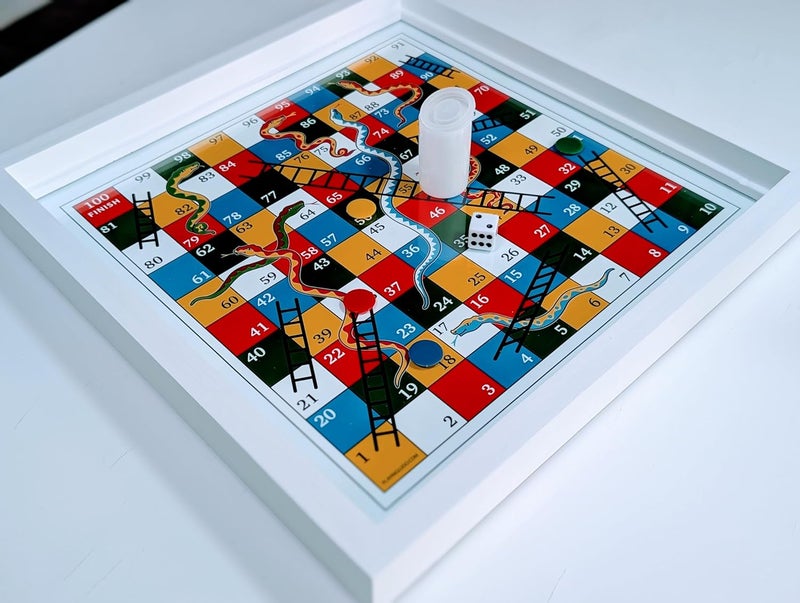 Handmade Real Glass Top Game Board with Chess, Checkers, Backgammon, Ludo (Caribbean & Indian), Chausar, Pachisi, Tic-Tac-Toe, Snakes and Ladders, and a Drinking Dice Board Game. - Image 4